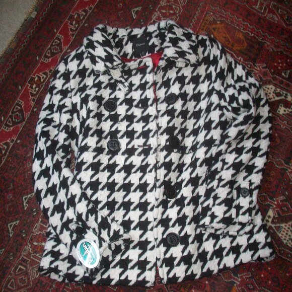 Express Tweed Wool Blend Medium, Black  White Pea Coat Preppy Academia Lined - Picture 3 of 16